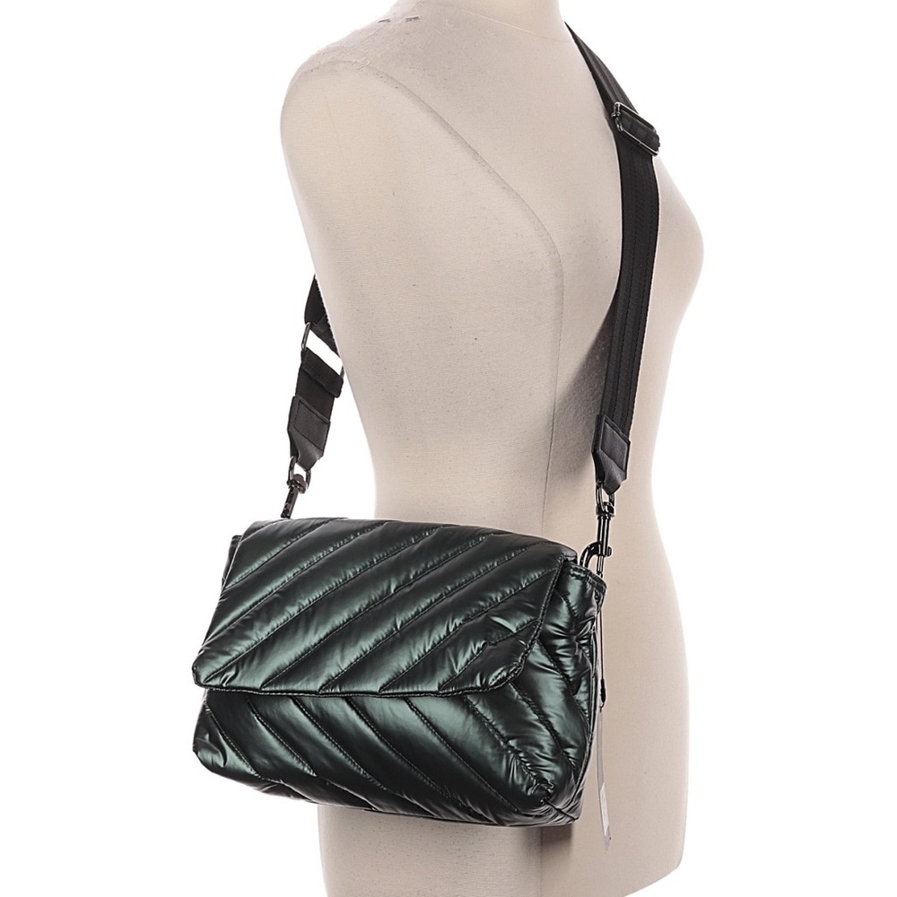 NWT THINK ROYLN Quilted Crossbody Bag in Dark Green with Black Strap